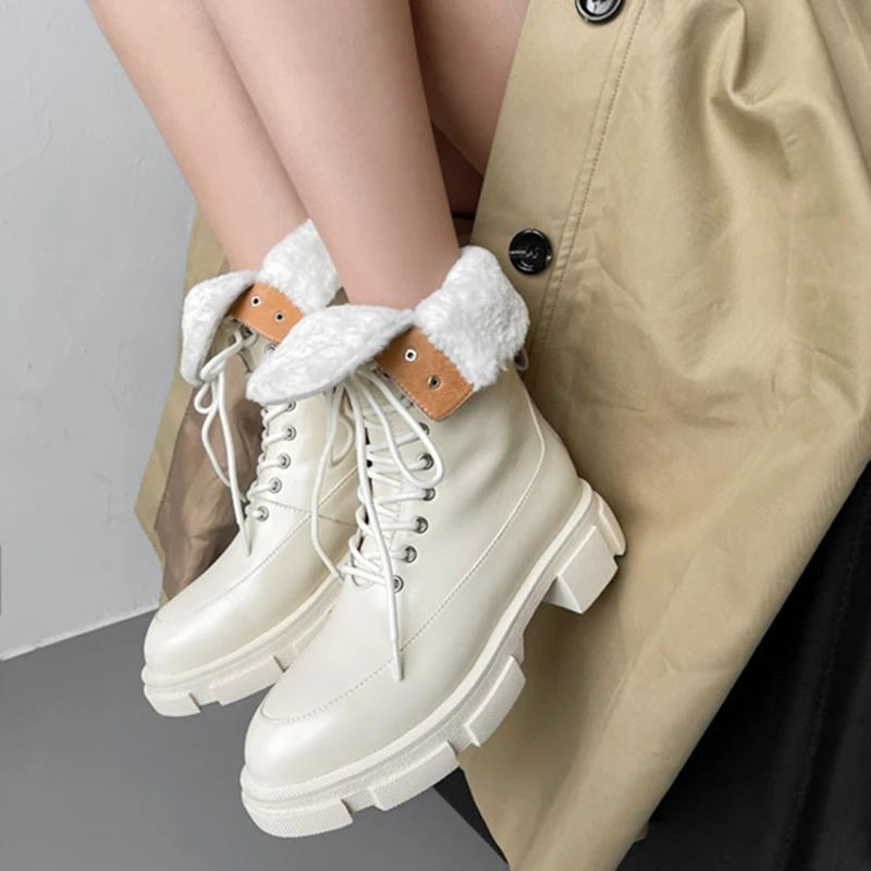 

New Winter Women Boots Split Leather Women Shoes Round Toe Chunky Boots Plush Warm Boots Women Platform Boots 2021 Snow Boots