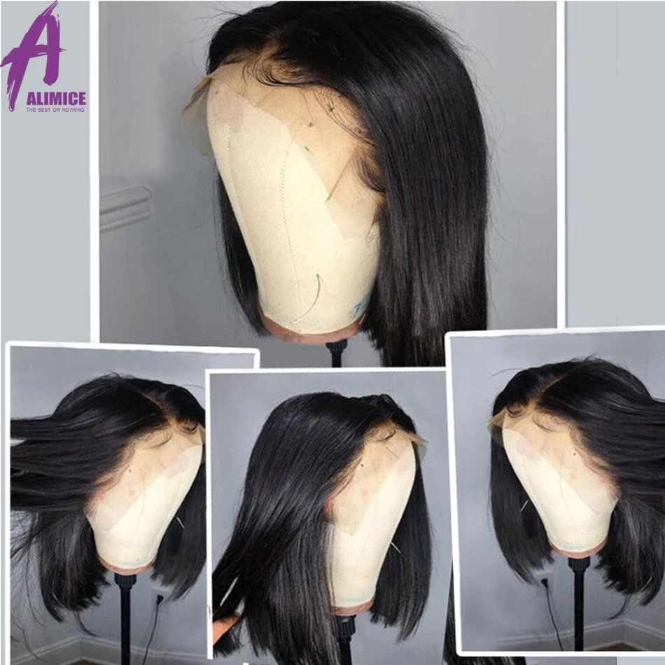 Alimice короткие человеческие волосы парики для женщин индийские 13x4 remy волосы на кружеве парики с предварительно выщипанные волосы тупым вырезом боб парики