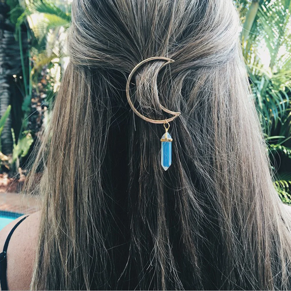Fashion Alloy Hollow Moon Hair Clips Quartz Hexagon Prism Pendant Hairclips Crystal Barrette Casual Retro Hairpin Accessories |