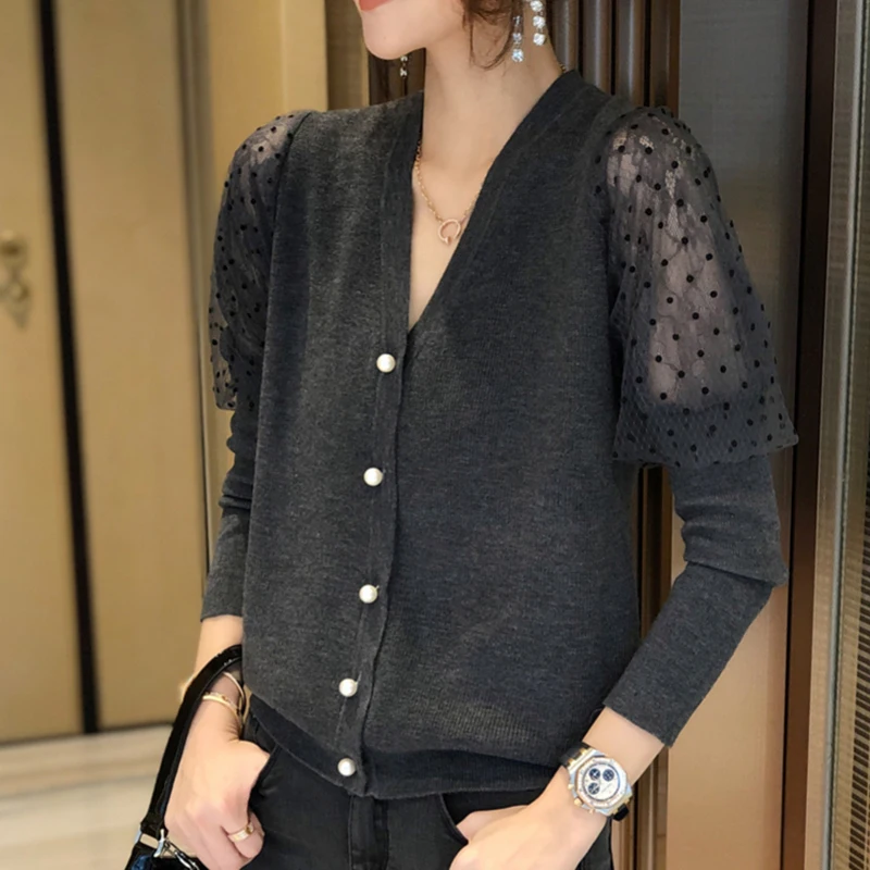 

LJSXLS Lace Patchwork Long Sleeve Women V Neck Knitted Cardigan Jacket Spring Autumn 2021 Korean Fashion New Black Gray Sweater