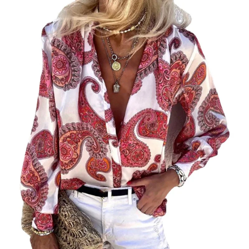 

WEPBEL Women Elegant Summer Print Blouse Top Ladies Casual Fashion Long Lantern Sleeve V Neck Single Breasted Shirt