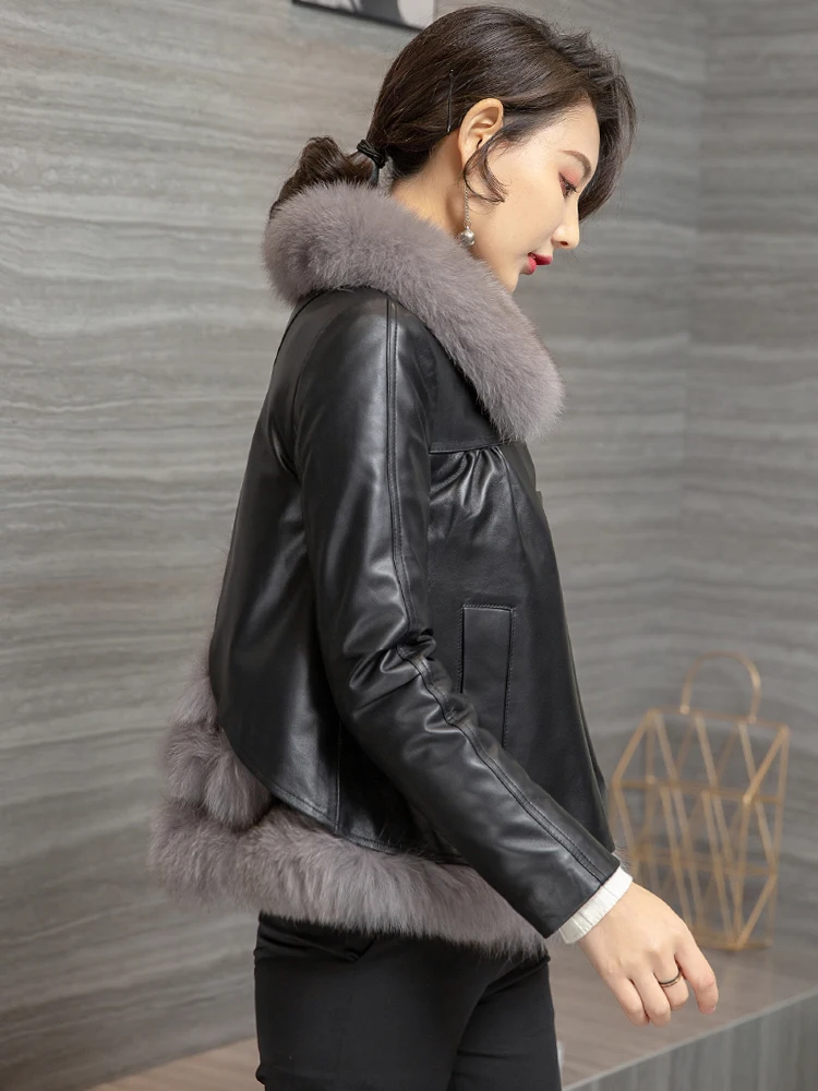 

JCHB 2021 Genuine Leather Jacket Women Down Jacket Short Sheepskin Coat Female Real Fox Fur Collar Winter Mujer Chaqueta Pph153