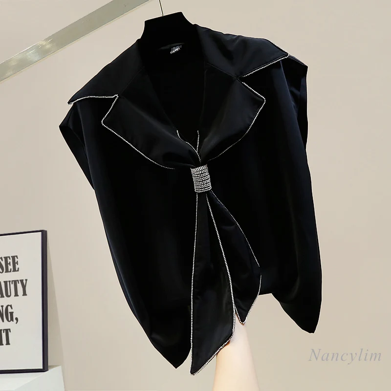 Pull-over ample sans manches avec strass pour femme, joli haut de bureau, style décontracté, nouveau tempérament