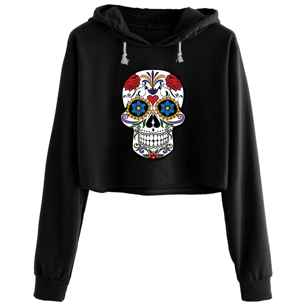 

Skull Flowers Crop Hoodies Women Anime Emo Aesthetic Kpop Pullover For Girls