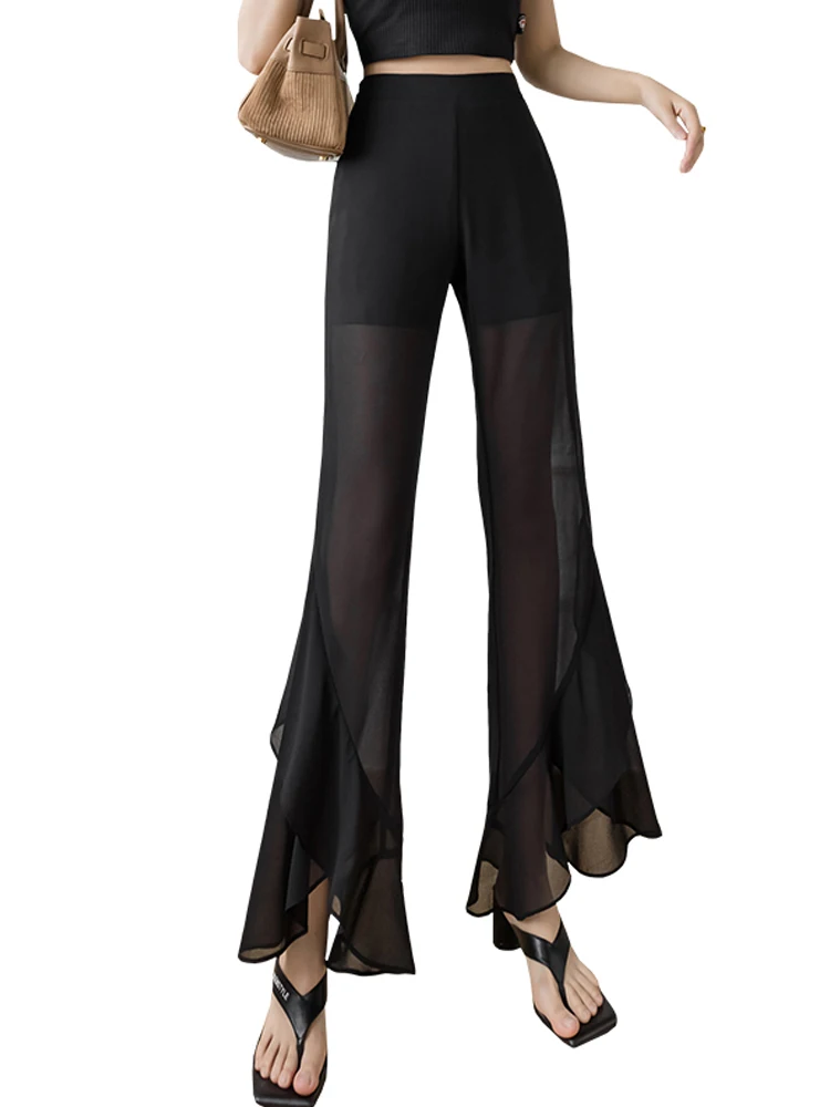 

Chiffon Wide Leg Pants for Women Summer 2021 New Flared Pants Ice Silk High Waist Bootcut Trousers Thin Harem Black Pants