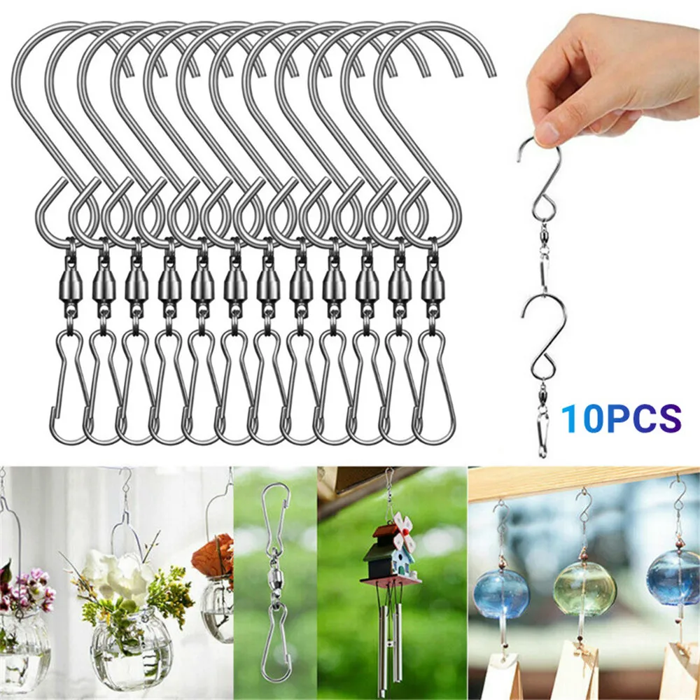 

10PCS Swivel Hooks Clips Stainless Steel Rotating Display S Hooks for Hanging Wind Spinners Wind Chimes Crystal Twisters Party