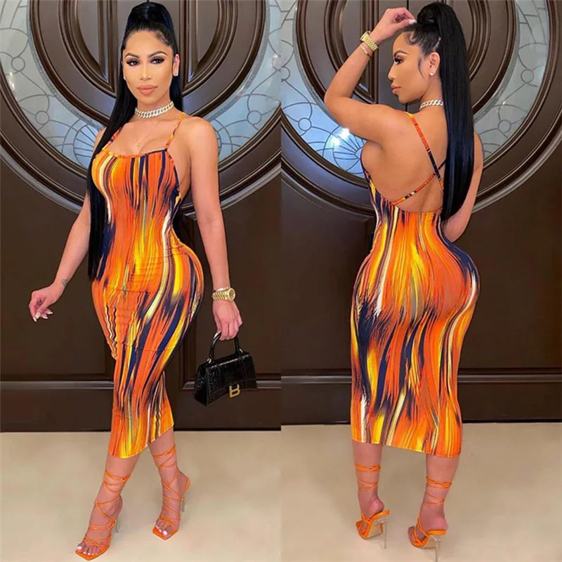 

Ladies Sexy Backless Suspender Skirt, Women Summer Temperament Plaid/Stripe/Mixed Color U-neck Sleeveless Long Slip Dress