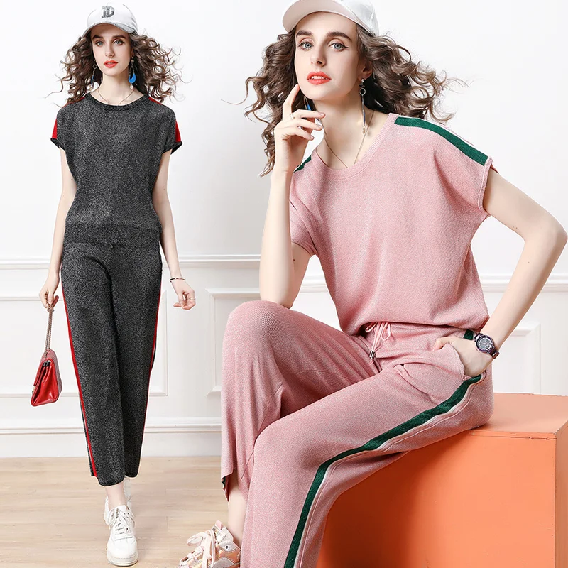 

Women Set Summer Matching Outfits Short Sleeve Top + Straight Pants Knitting Ensemble Chic Pants Set Clothes Matching Sets