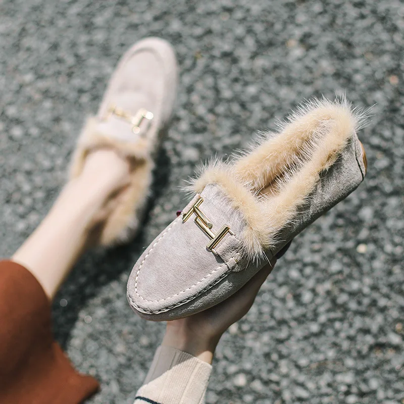 Лоферы женские зимние плюшевые без застежки плоская подошва с бантом теплые