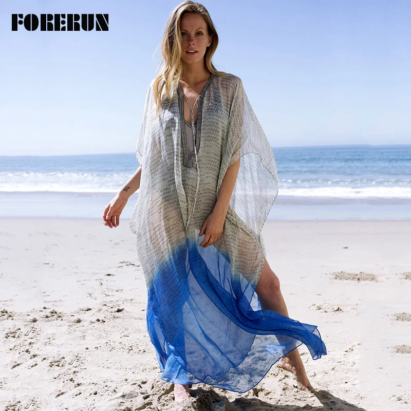 

FORERUN Summer Beach Dress Women Long Bikini Cover Up Transparent Chiffon Dresses Patchwork Saida De Praia Beachwear Robe Plage