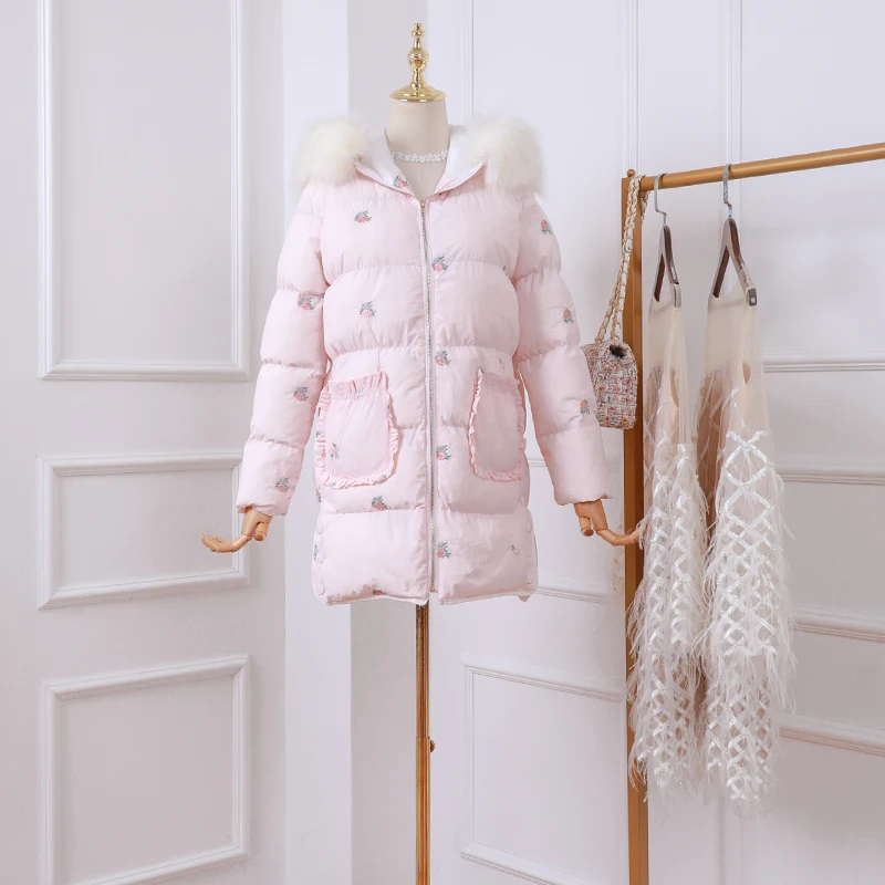 2019 autumn and winter new sweet long thick warm wool collar embroidery cotton coat women | Женская одежда