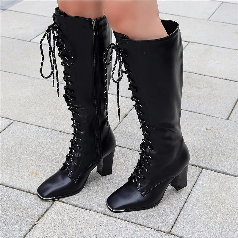 

ASUMER 2020 big size 34-43 newest knee high boots women square toe cross tied high heel boots autumn winter dress shoes woman