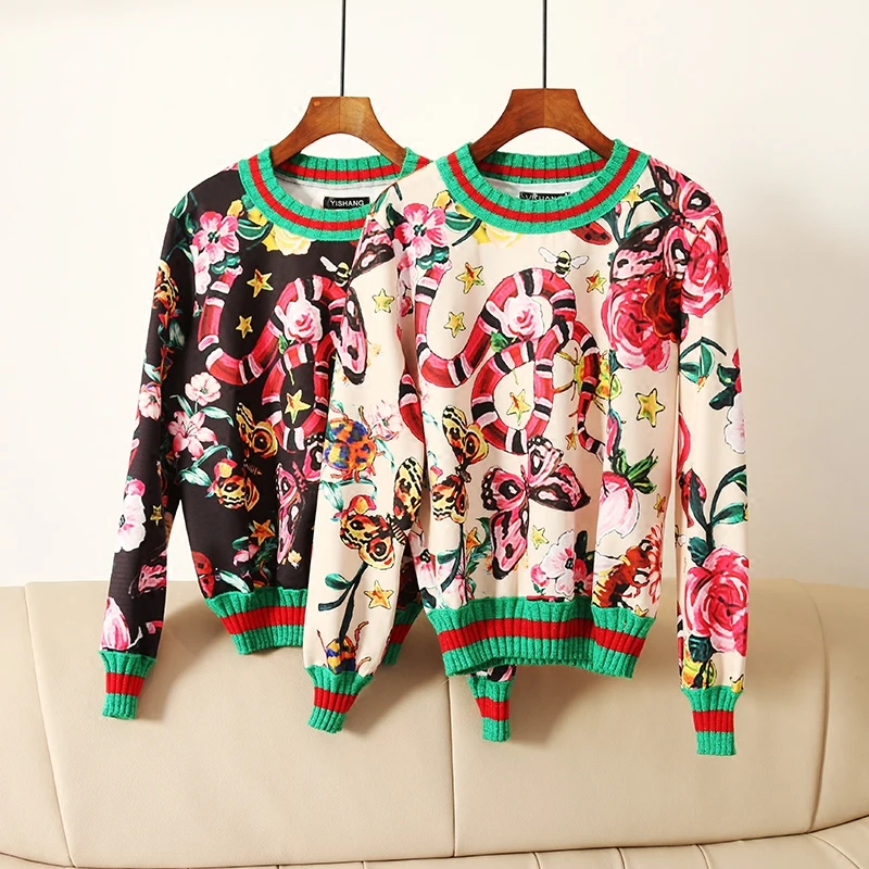 CAMIA Высокое качество Роскошный Подиум змея бабочка цветок топ Пуловер черный