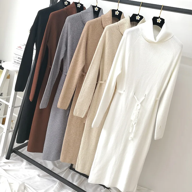 Luzuzi Winter Turtleneck Sweater Dress Women Lace Up Knitted Long Female Knitwear Full Sleeve Soft Vestidos high quality | Женская