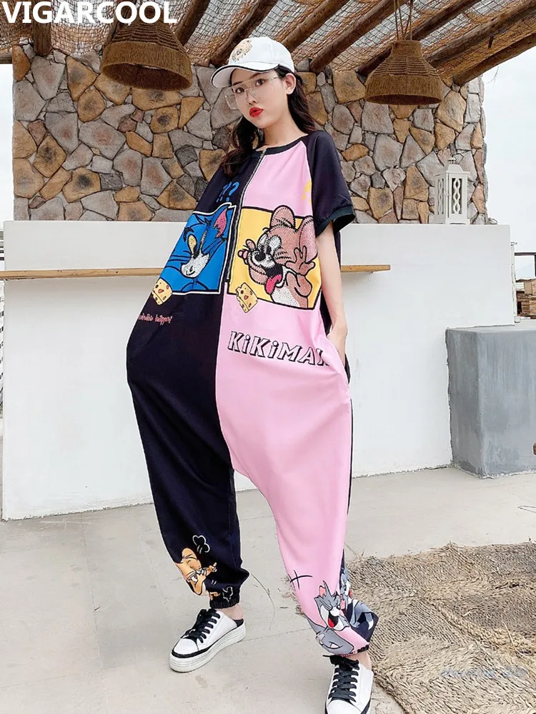 

Short-sleeved jumpsuit female 2020 summer new cartoon color matching rhinestone loose thin jumpsuit large size Harlan pants