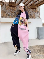 short sleeved jumpsuit female 2020 summer new cartoon color matching rhinestone loose thin jumpsuit large size harlan pants