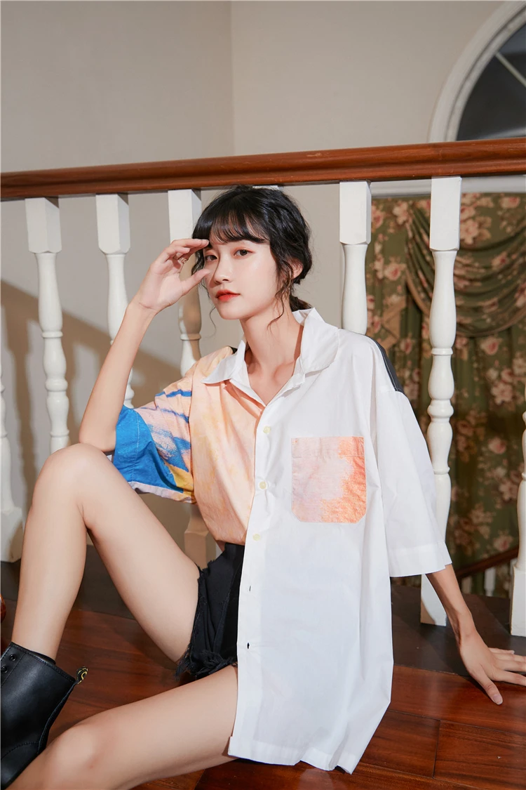 

Summer Movie Heroine's Shirt Color Matching Fixed Dyeing And Printing Tops