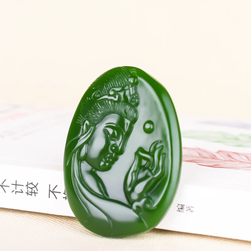 Китайский натуральный зеленый нефрит Гуань Инь кулон ожерелье ручной работы