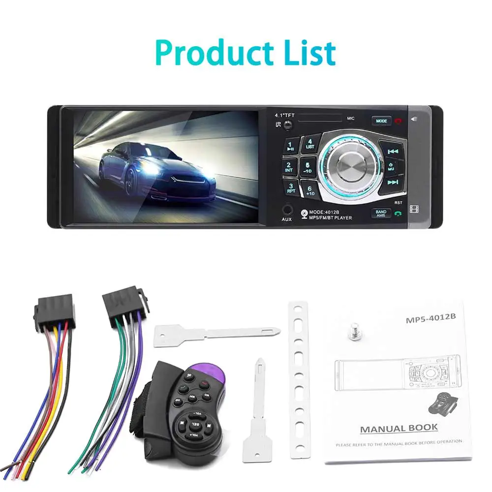 

Car Radio 1 Din Auto Audio 4012B 4.1 Inch Stereo FM Bluetooth 2.0 USB MP5 Support Rear View Camera Steering Wheel Remote Control