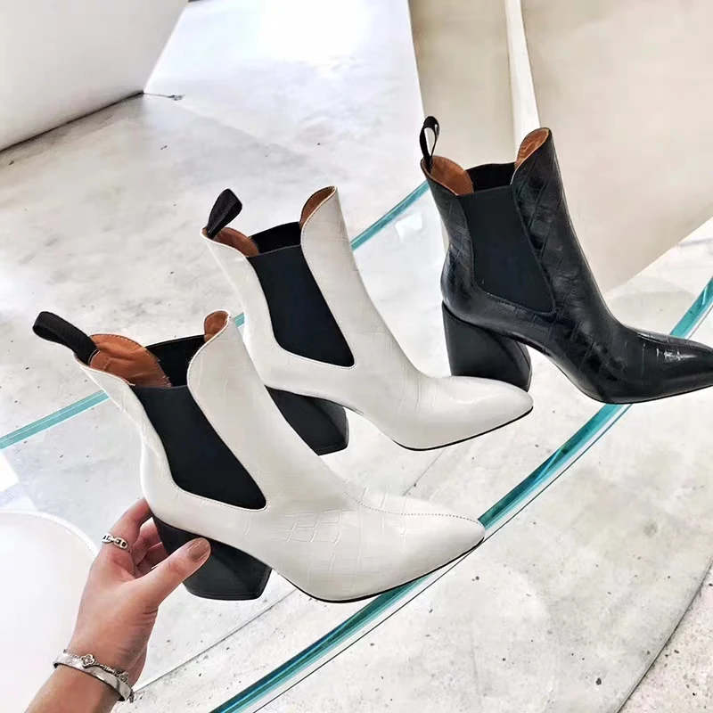 

Luxury Women Leather Cowboy Ankle Boots Chunky High Heels Shoes White Black Pumps Pointed Toe Martin Booties Botas Mujer