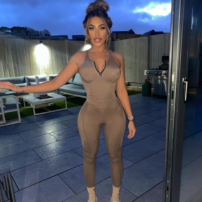 

QuanRun 2 Piece Set Sexy Fashion Women Front Zipper Sleeveless Tank Tops+High Waist Long Pants Casual Streetwear 2021 Summer