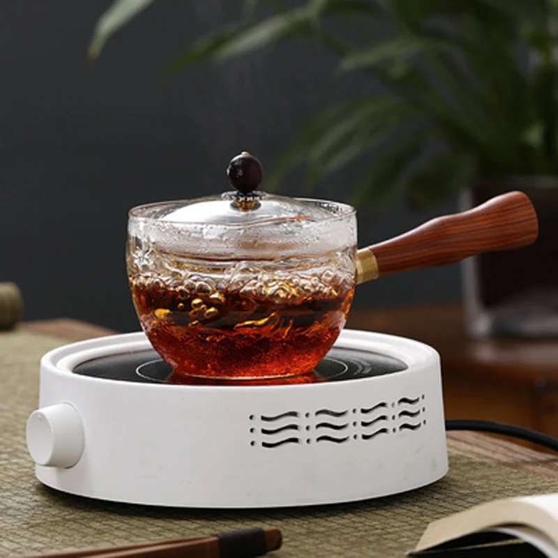 Термостойкий стеклянный чайник с деревянной ручкой боковой ситечко фильтром - Фото №1