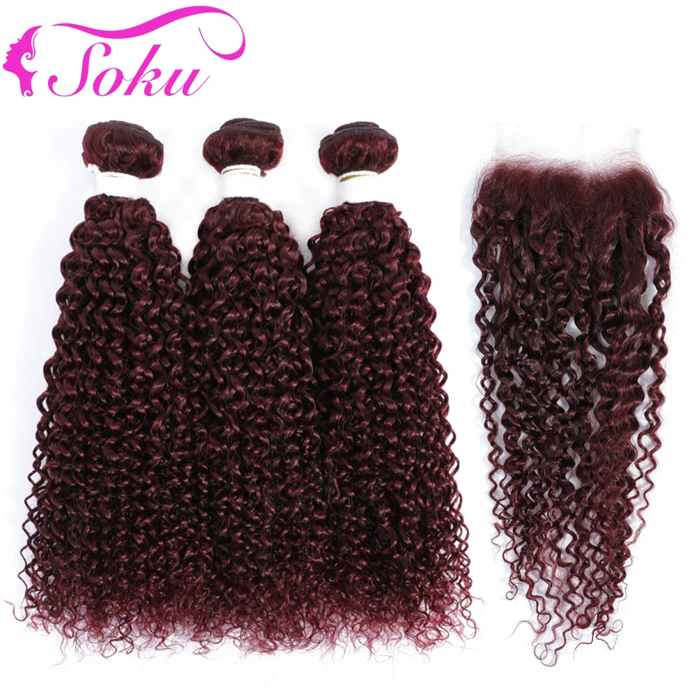 

99J Redwine Kinky Curly Bundles With Closure 4x4 SOKU 3 Bundles Human Hair With Lace Closure Non-Remy Human Hair Weave Extension