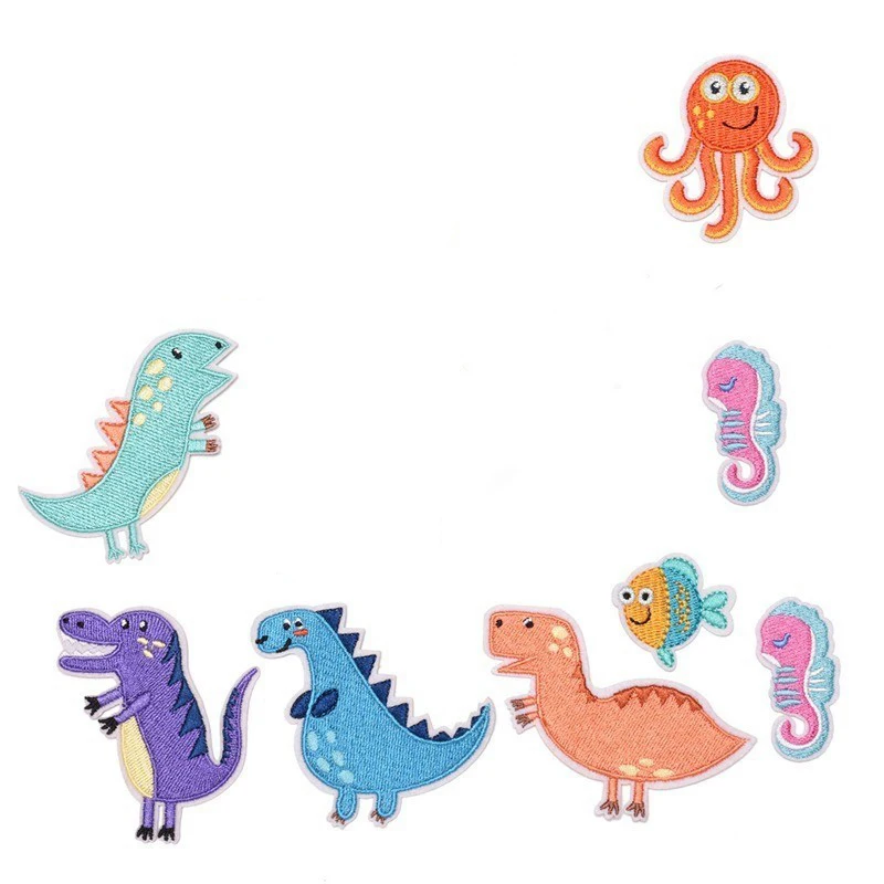 

Cute Dinosaur Baby Cartoon Embroidery Patches Iron On Octopus Badges Sewing Ocean Animal Hippocampus Stickers