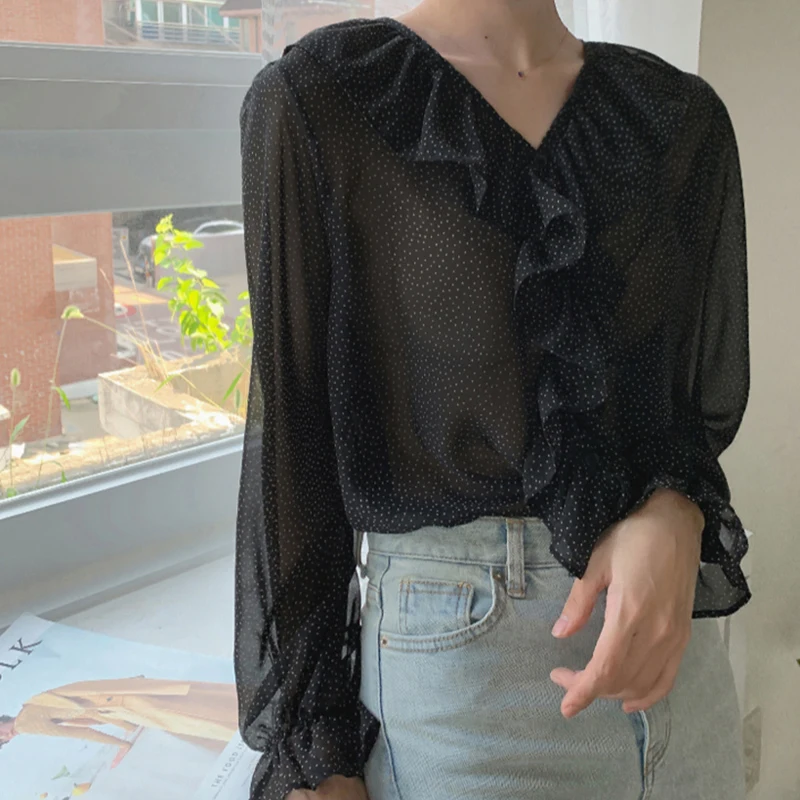 Милые блузки с оборками одежда в Корейском стиле топ расклешенными рукавами и V