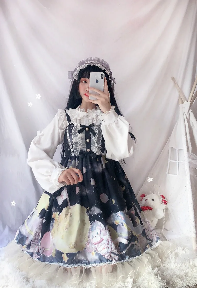 Платье в стиле Лолиты; милое платье в японском стиле Kawaii; платье принцессы для девочек в винтажном готическом стиле; кружевная розовая летняя юбка с принтом