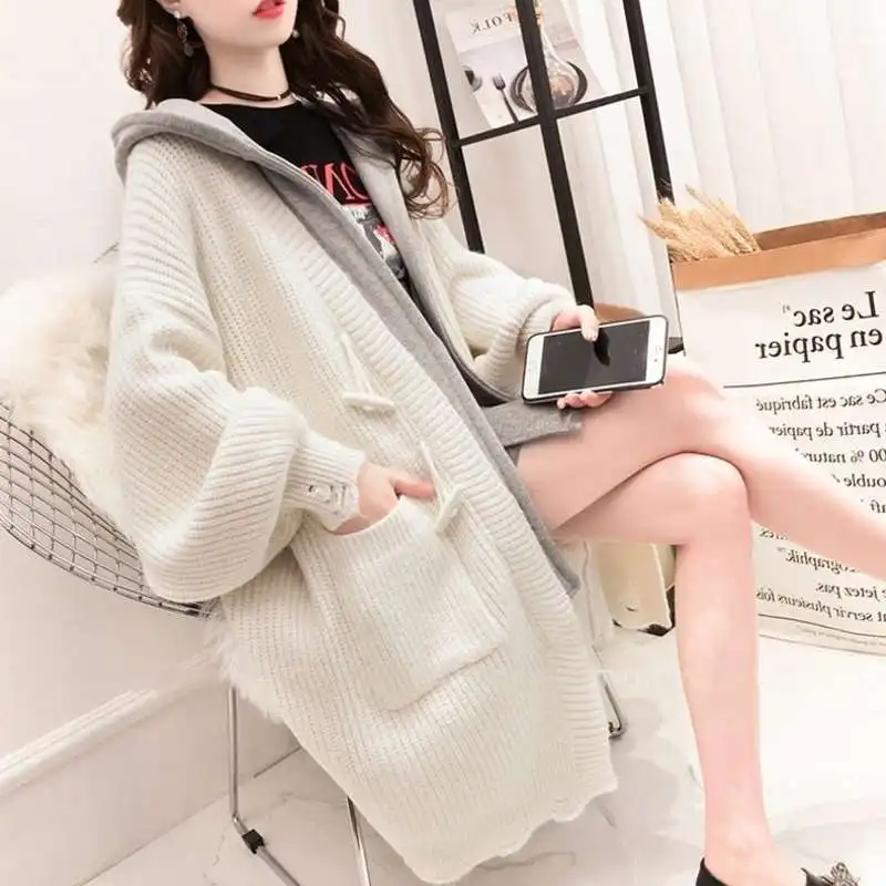 

TIGENA Pink Warm Hooded Long Cardigan Women 2021 Autumn Winter Horn Button Loose Long Sleeve Sweater Female Knitted Jacket Coat