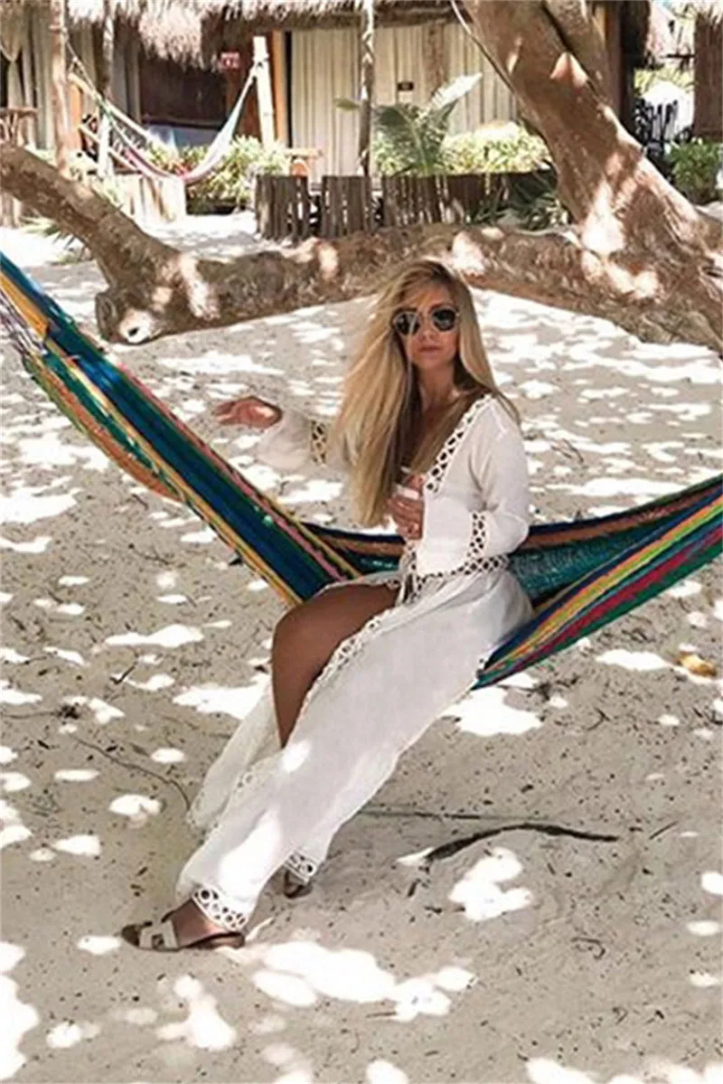 

hirigin 2020 Women Cotton Kimono Beach Cardigan Bikini Cover Up Wrap Beachwear Long Dress Lace V-neck Hollow Out Bikini Cover Up