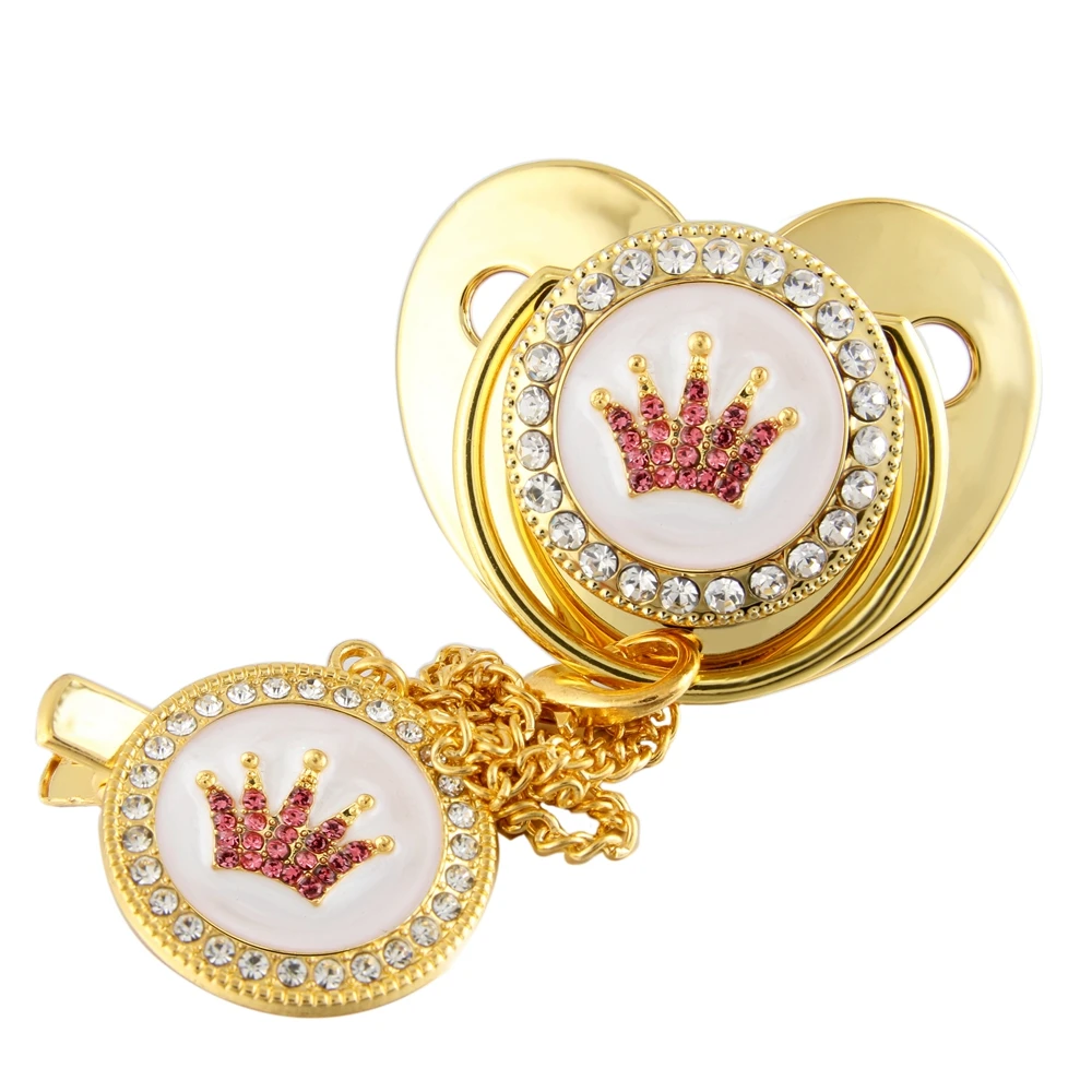 

Luxury Golden Crown Heart Bling Pacifier with Chain Clip Newborn BPA Free Bling Dummy Soother Chupete 0-12 Months