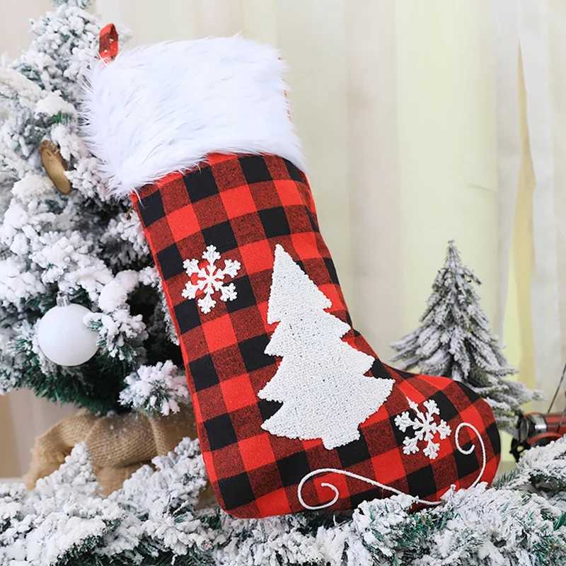 Christmas Decorations White Fur Collar Jacquard Embroidered Plaid Socks Tree Ornaments | Дом и сад