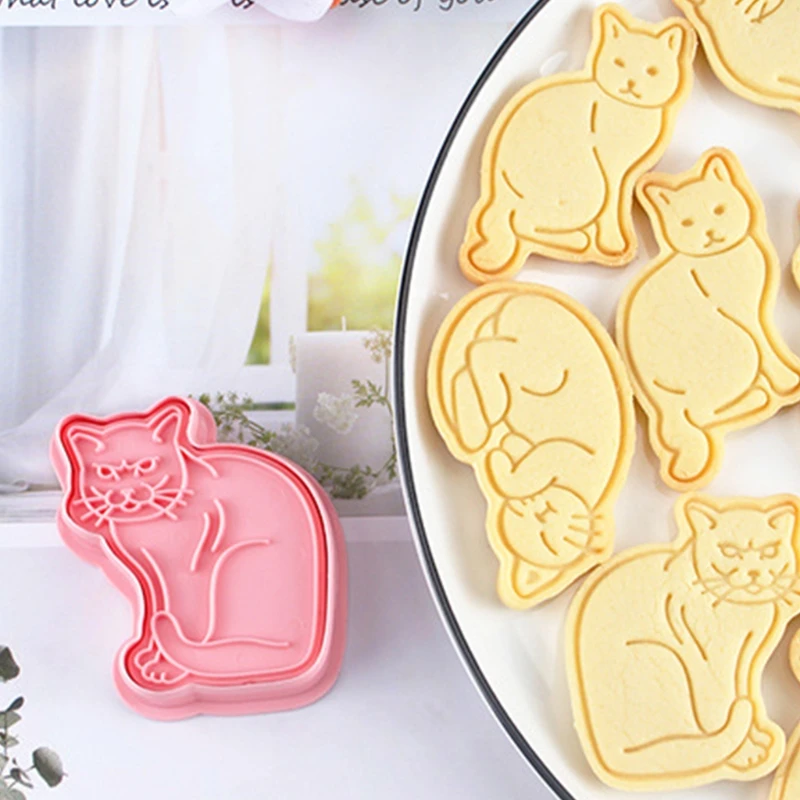 

6 Pcs Cute Cat Cookie Cutters Fondant Cutters Plunger Cookie Stamps Baking Mold Cake Decorating Tool
