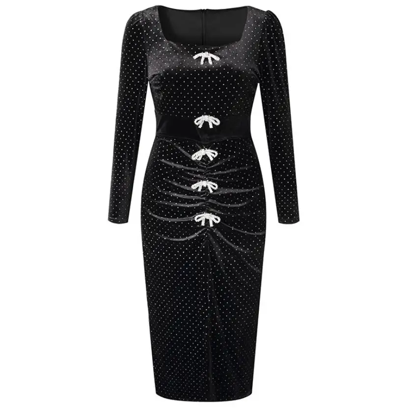 

Vintage French style Square Collar hollow chest diamond buckle strap waist waist wrap velvet dress ladies party dress