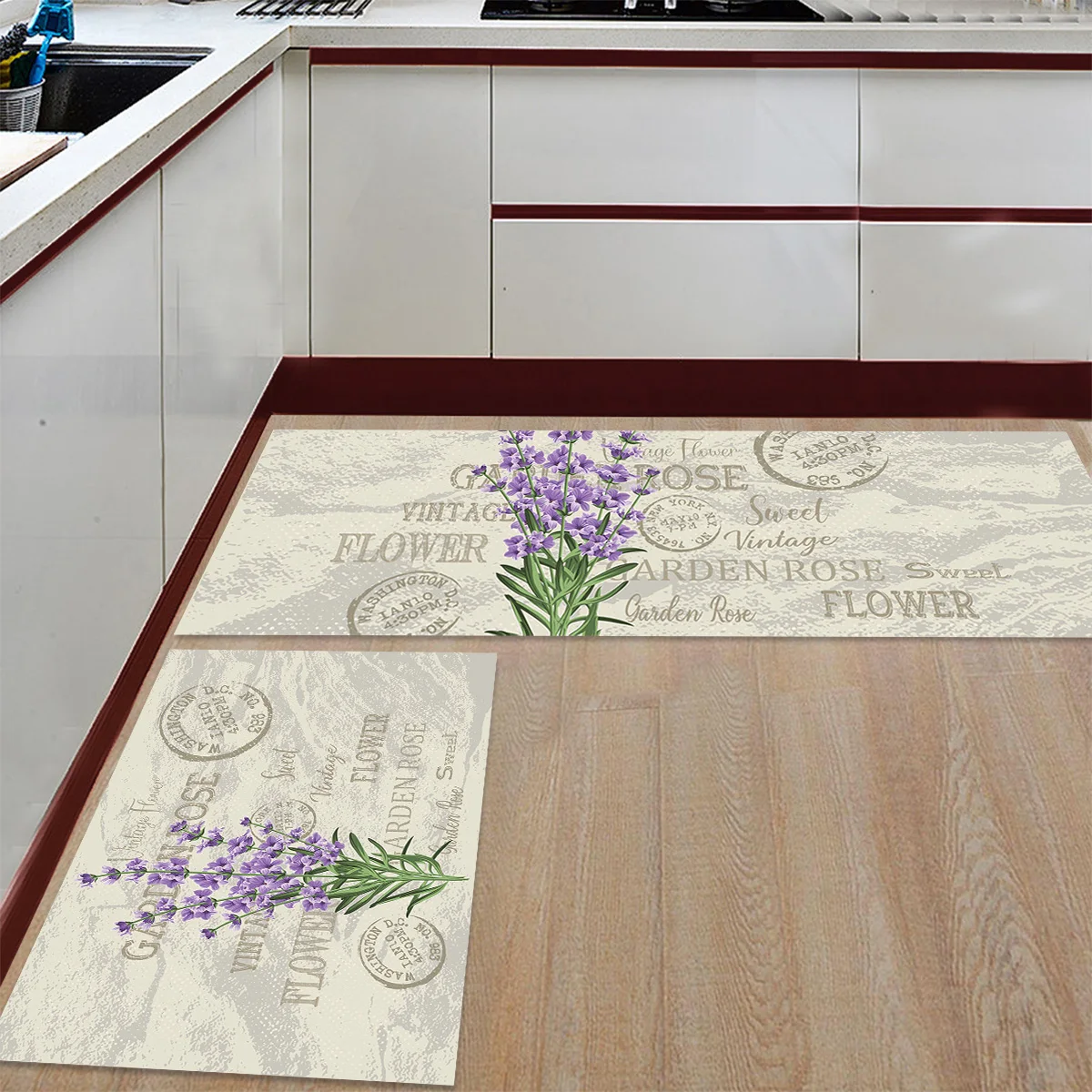 Purple Flowers Lavender Vintage Postcard Kitchen Mat Set Anti-slip Mats for Floor Home Rugs In The Room | Дом и сад