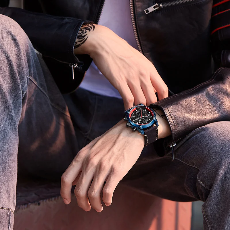 

MEGIR New Men Watch Top Brand Blue Leather Chronograph Waterproof Sport Automatic Date Quartz Watches For Mens Relogio Masculino