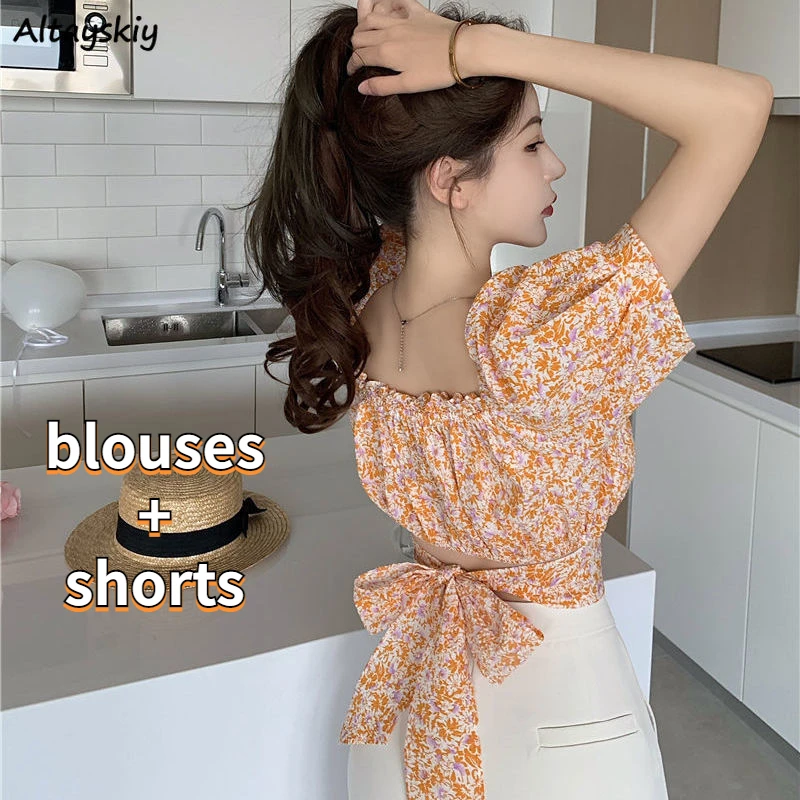 

Short Sets Women Vintage Floral Puff Sleeve Elegant Bandage Crop Tops Harajuku Retros Blouse All-match High Waist Casual Outfit