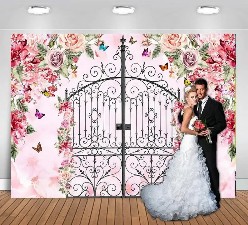 Фон для фотосъемки с цветными бабочками розовыми акварельными цветами стеной