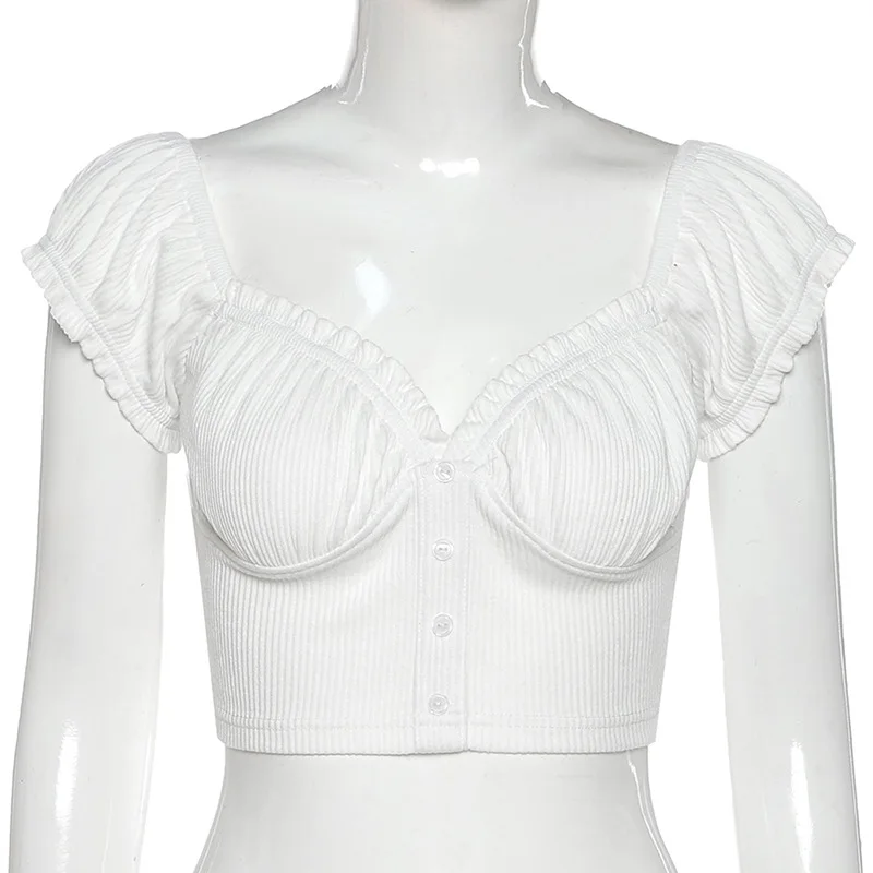 

Slim Women T-Shirts Solid Color Puff Sleeve Sexy Crop Tops Backless Low-Cut Neckline Thin Cropped t Shirt Summer Fashion 2021