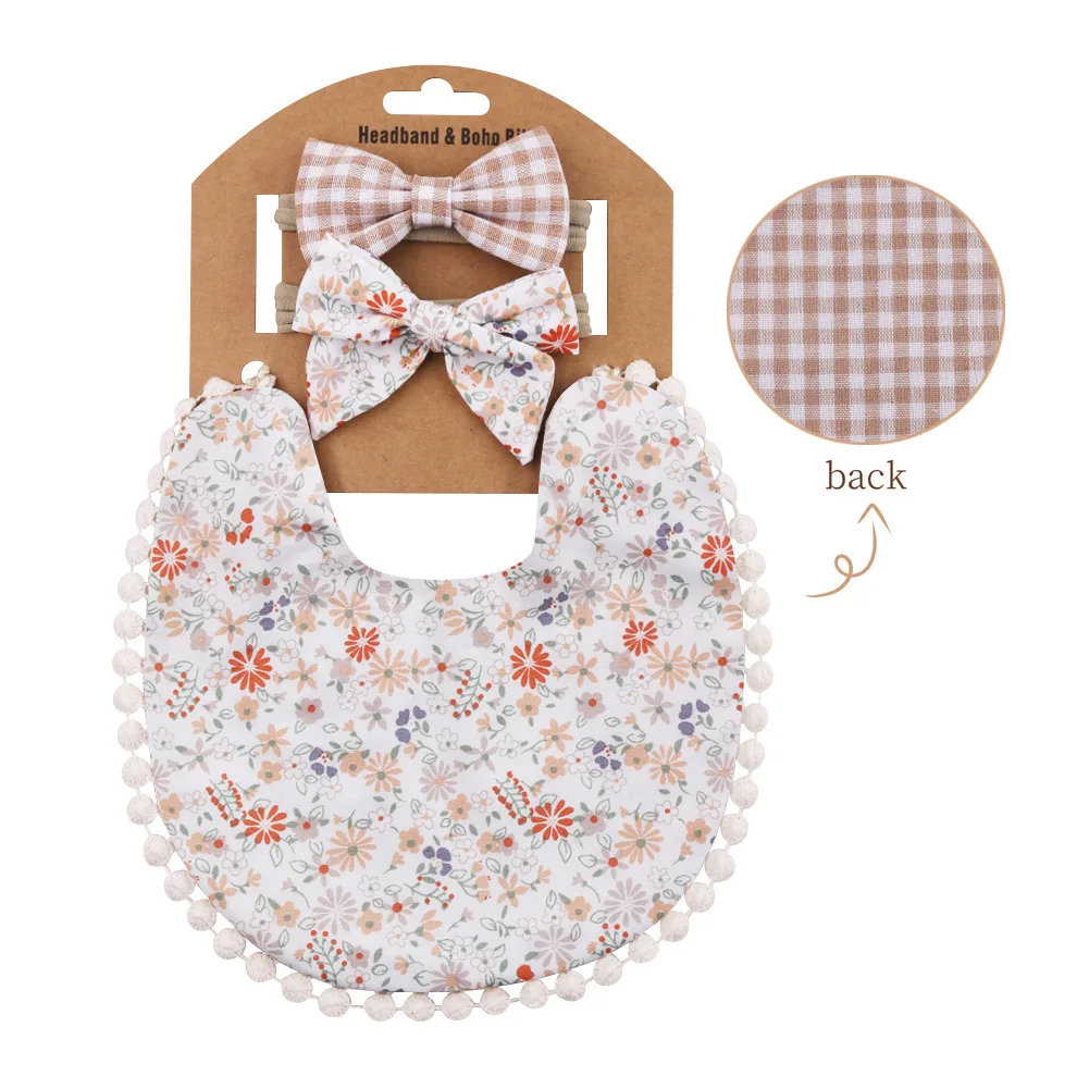 

3Pcs/Set Baby Bibs Flower Printing Feeding Saliva Towel Scarf Double Side Toddler Burp Cloth Bows Headband Hair Accessories