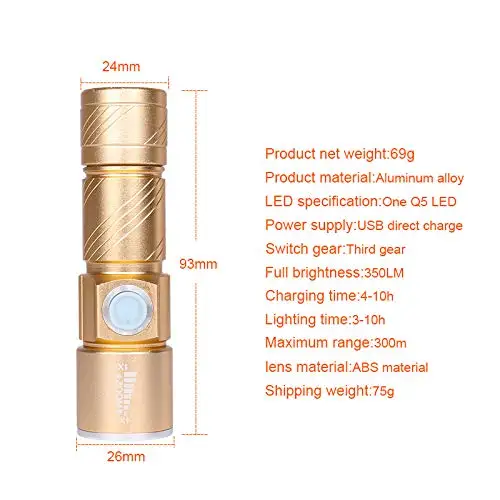 

Rechargeable USB Ultra Bright Small Cree LED Torch Flashlight Beam Focusing Zoom blue light