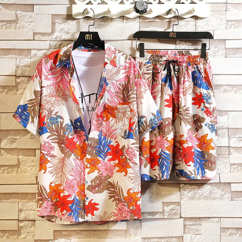 

New style hot sale 2021 Summer Men's Hawaii Beach Shirt Set Fashion Trend Loose Color Suit