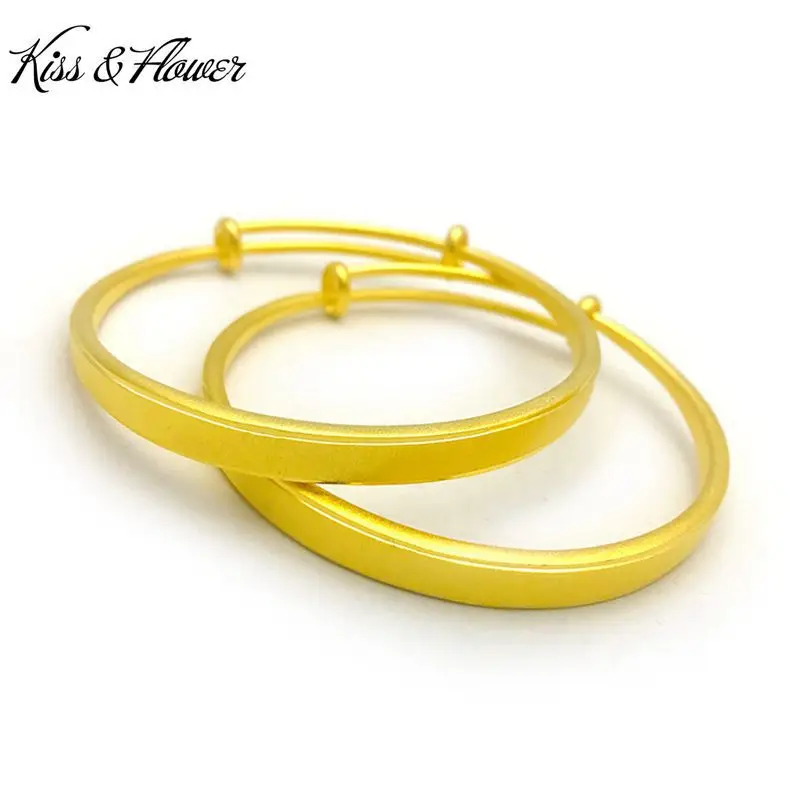 

KISS&FLOWER BR34 Fine Jewelry Wholesale Fashion Woman Girl Birthday Wedding Gift Round Matte 24KT Gold Resizable Bracelet Bangle