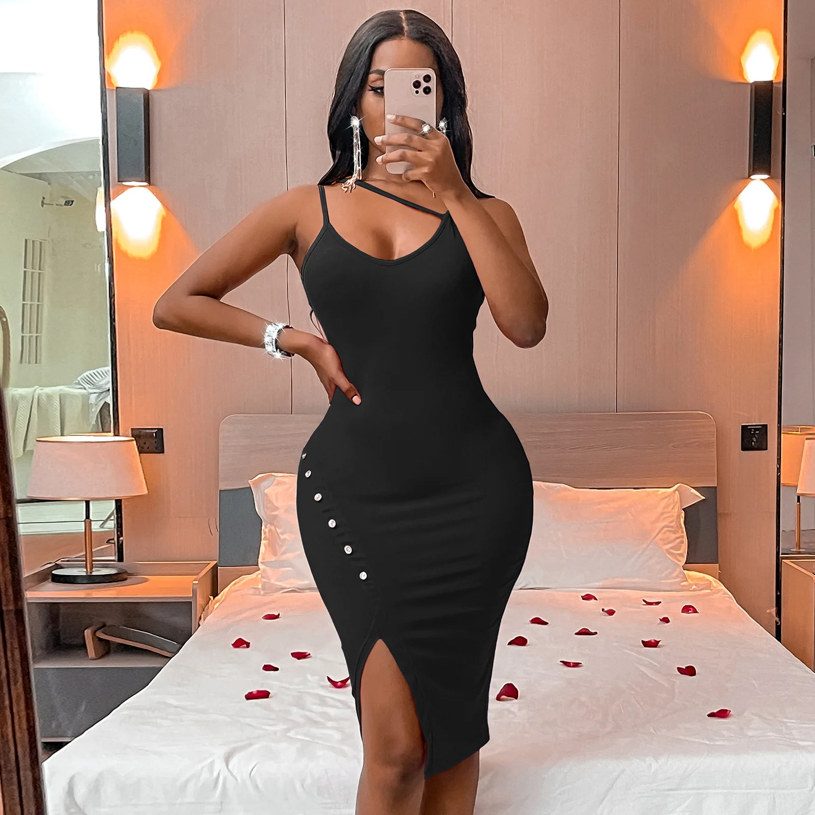 

2022 Spring New Clothing Women Sexy Black Sling Irregular Party Club Midi Dress Female Solid Color Backless Thigt Bodycon