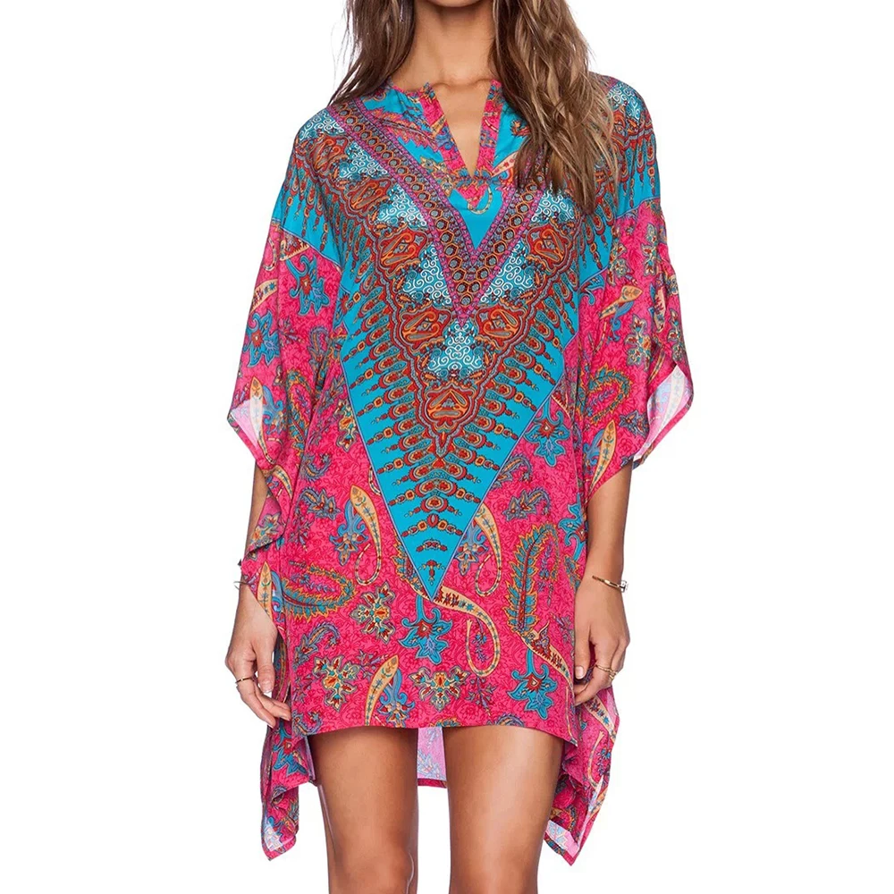 Suelto con cuello en V De las mujeres vestido manga murciélago estampado De tótem étnico De talla grande túnica Boho vestido, Vestidos De Mujer