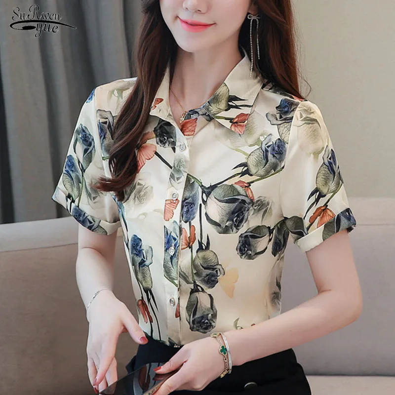 

Blusas Plus Size Women Tops Blouse Print Short Sleeve Cardigan Summer Silk Shirt Office Women Tops 2021 Floral Clothing 10070