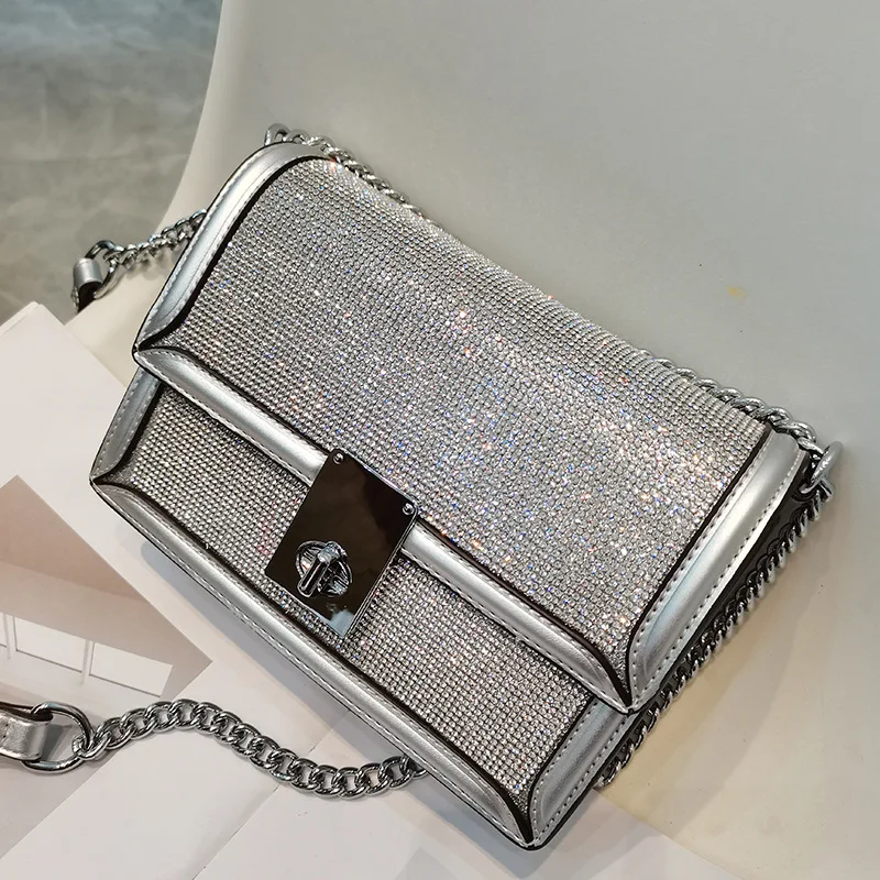 

High Quality Fashion Metal Chain Square Bag With Diamonds Shoulder Bags For Women Crossbody Bolsa Feminina Sac Femme Bolso