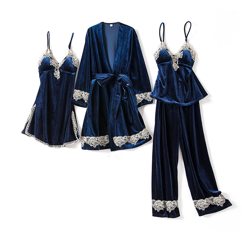 Женственная Дамская обувь велюровое кимоно пижамы наборы с v образным вырезом